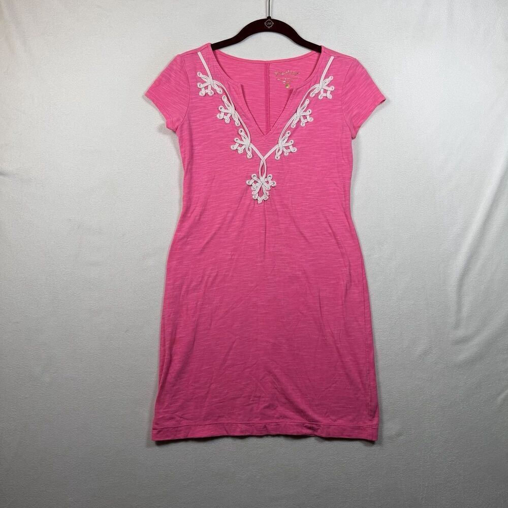 Lilly Pulitzer Pink Shift Dress XXS White Applique V Neck Short Sleeve Cotton